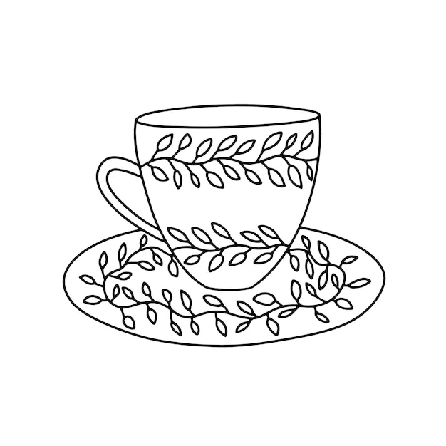 Taza dibujada a mano vectorial con plato para la colección de té