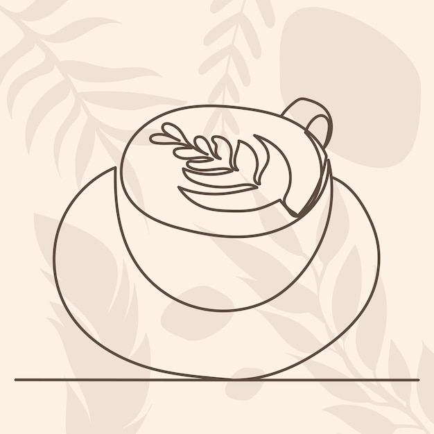 Taza con dibujo de café por una línea continua en un vector de fondo abstracto