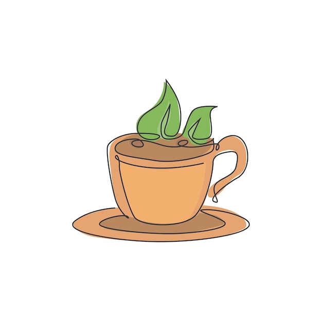 Una taza de dibujo de línea continua de té con hojas de té verde natural logo emblema café diseño vector