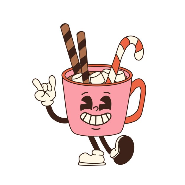 Una taza de dibujos animados retro de chocolate caliente con malvaviscos y un bastón de caramelo