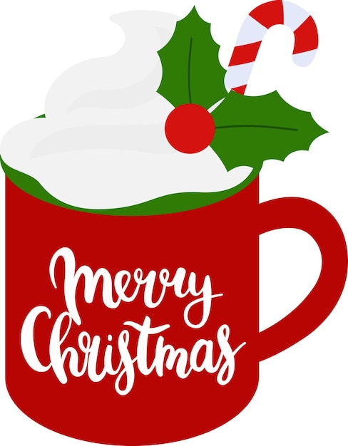 Taza de feliz Navidad con bastón de caramelo y rama de acebo