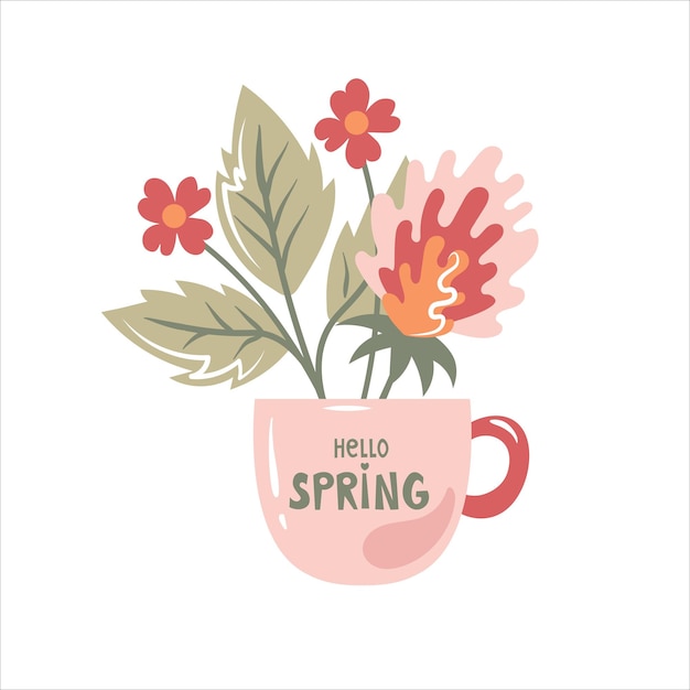 Vector taza y flores de felicitación de primavera