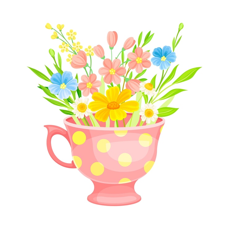 Vector taza con flores perfumadas en flor como composición vectorial florística de primavera