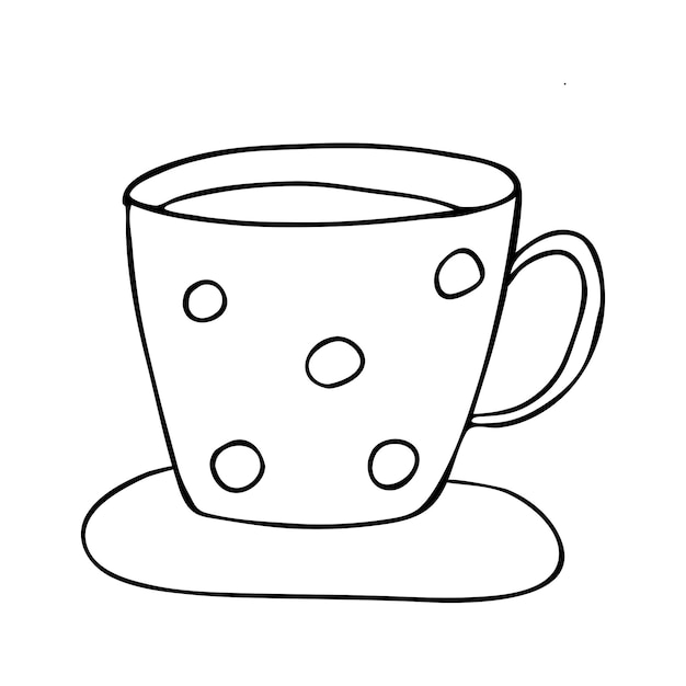 Taza de garabato vectorial con platillo Taza de icono lineal aislado con patrón de puntos en blanco