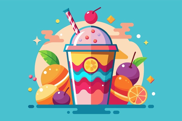 Una taza de helado con fruta y una paja Slush Ilustración desproporcionada personalizable