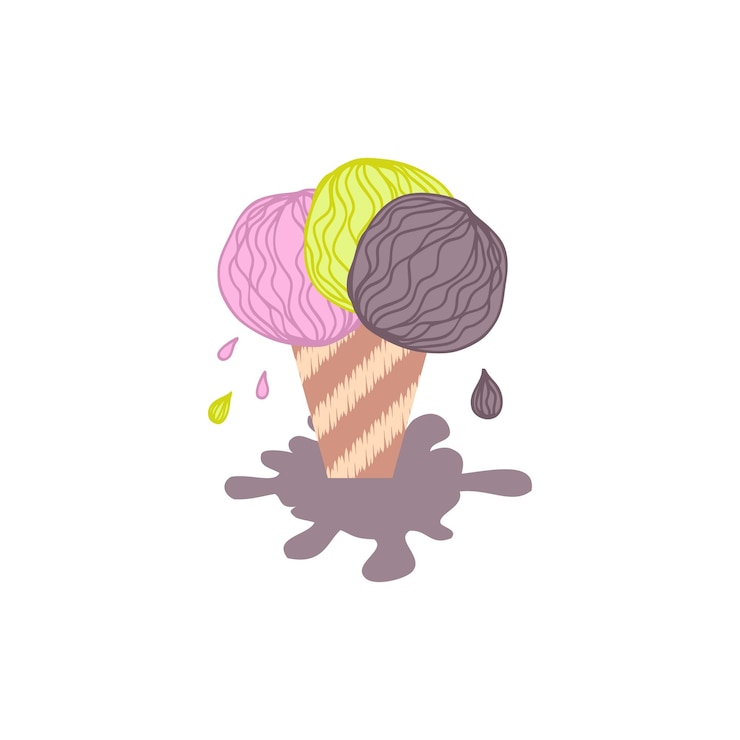 Vector taza de helado variada de fusión de garabatos con gotas y charco impresión perfecta para póster de pegatinas de tee ilustración vectorial aislada dibujada a mano para decoración y diseño