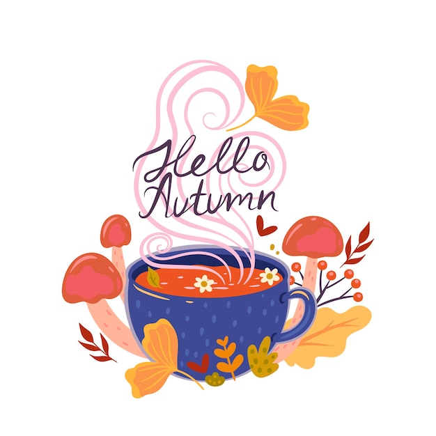 Taza y hojas de otoño con inscripción hola otoño.