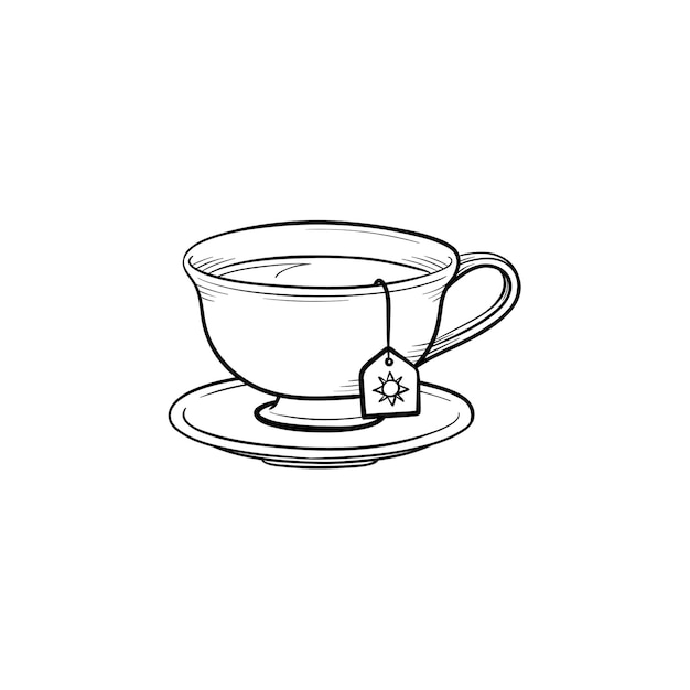 Taza con icono de doodle de contorno dibujado de mano de bolsa de té. Bebida caliente - ilustración de esbozo de vector de taza de té para impresión, web, móvil e infografía aislado sobre fondo blanco.