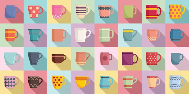 Taza iconos conjunto vector plano. taza de café