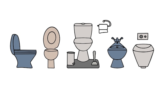 Taza del inodoro Dibujado a mano ilustraciones de vectores de inodoro doméstico conjunto Ilustración vectorial