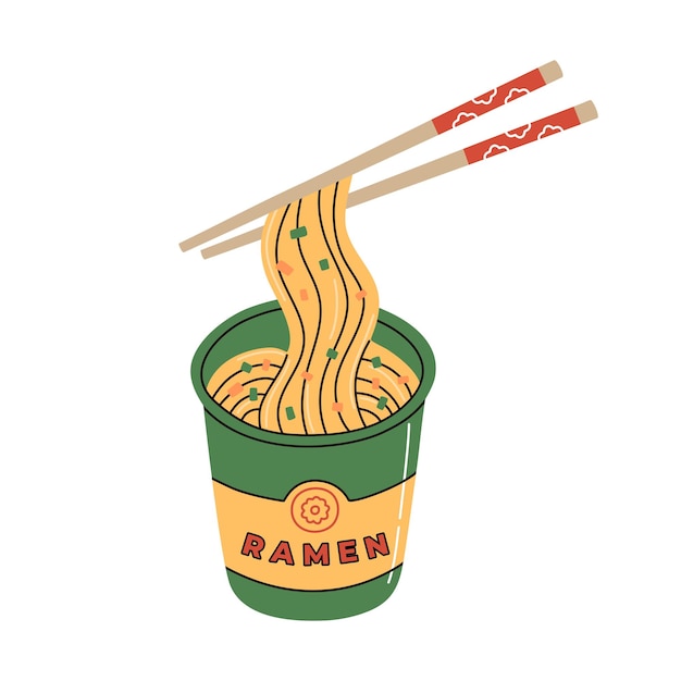 Taza instantánea de fideos ramen con palillos. Comida rápida asiática tradicional. Comida caliente popular dibujada a mano