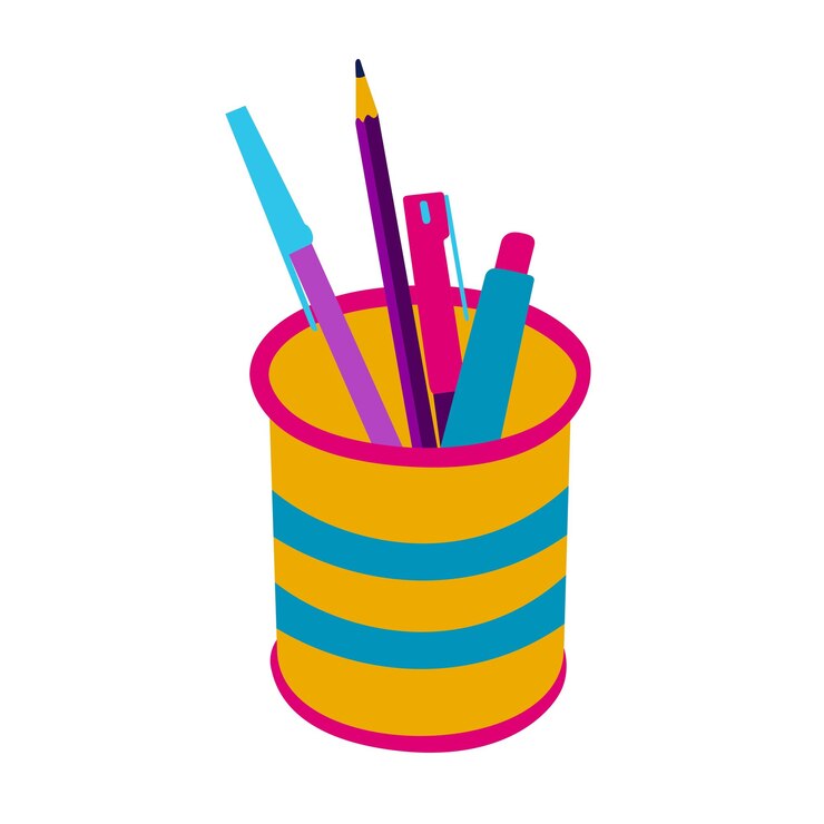 Vector una taza de lápiz colorida con un lápiz azul y amarillo en ella