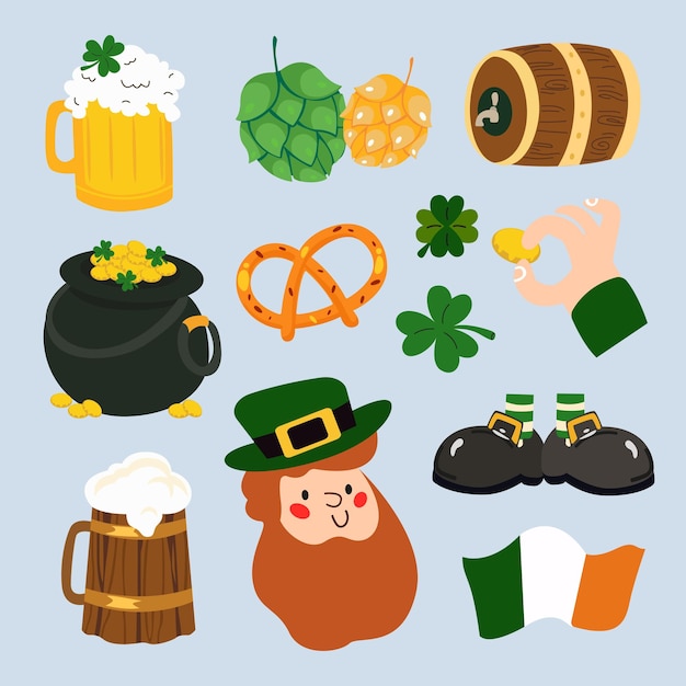 Taza de leprechaun de cerveza olla de monedas de oro pretzel conjunto vectorial festivo para el día de San Patricio