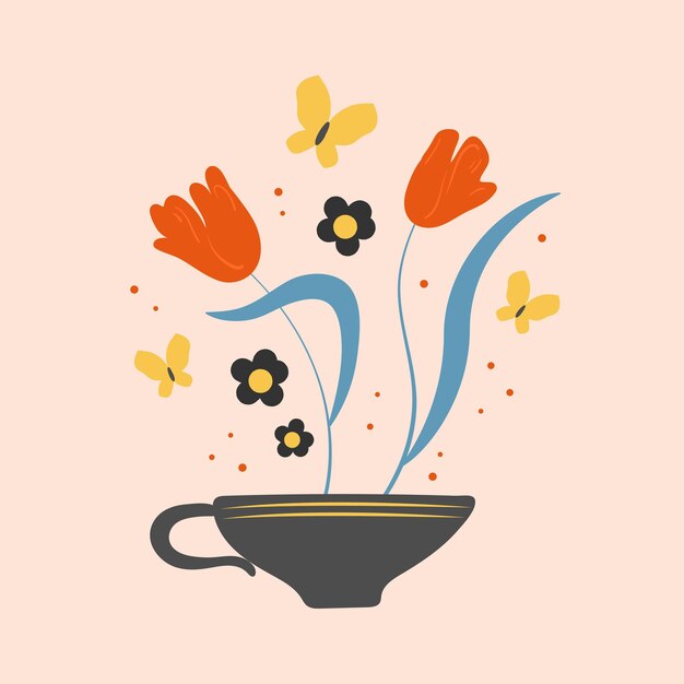 Taza llena de flores florecientes vector ilustración floral