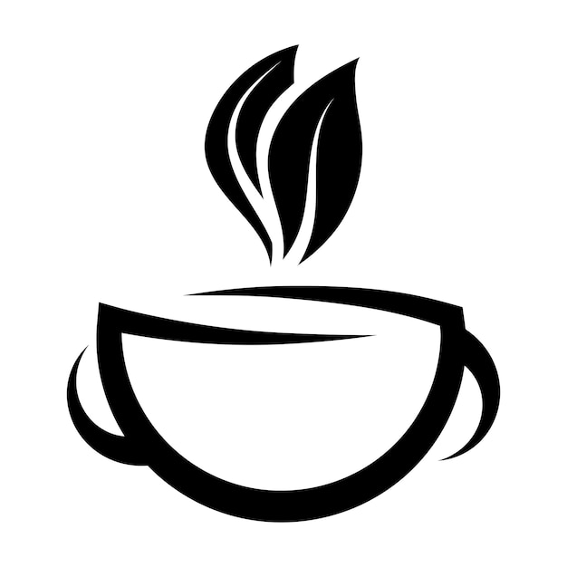 Taza de logotipo blanco y negro plano vectorial con té de hierbas naturales y hojas