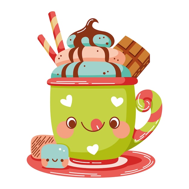 Vector taza de navidad kawaii de ilustración de dibujos animados de bebida dulce