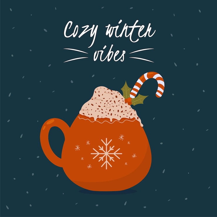 Vector taza navideña con bebida caliente de invierno. taza acogedora aislada con gotas de cacao, espuma de crema y chocolate.