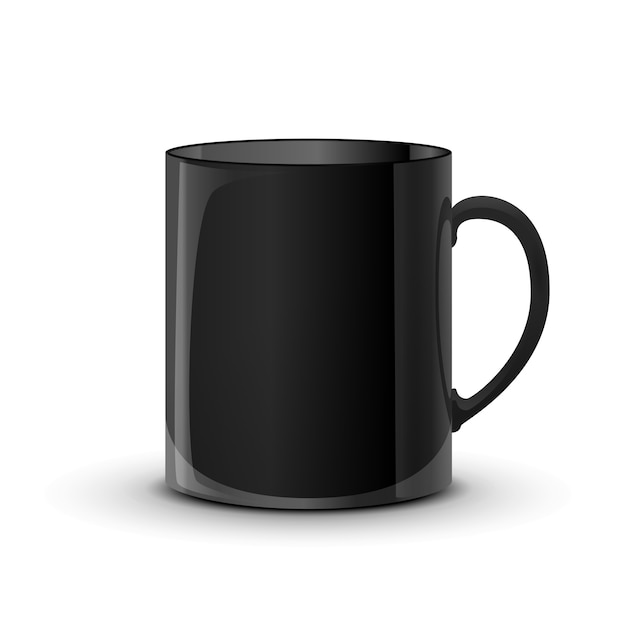 Vector taza negra brillante realista con sombra aislado en blanco