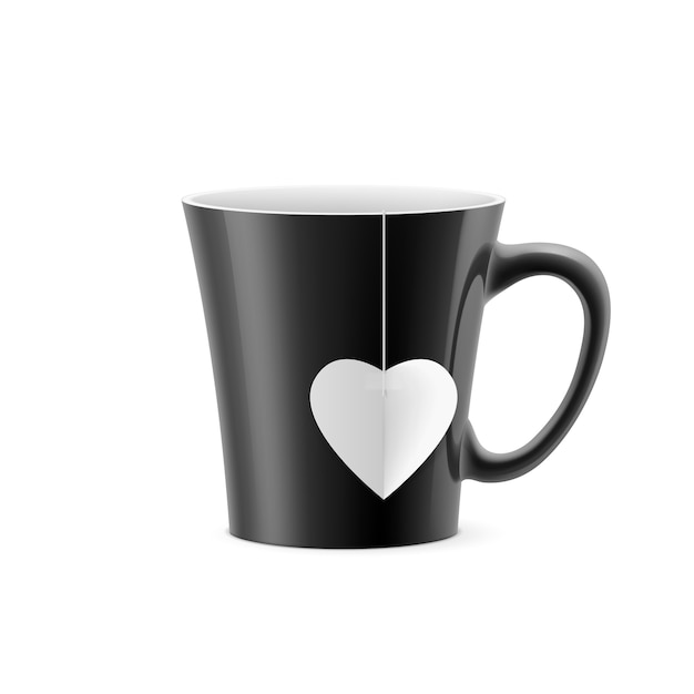 Taza negra con fondo cónico con bolsita de té en forma de corazón