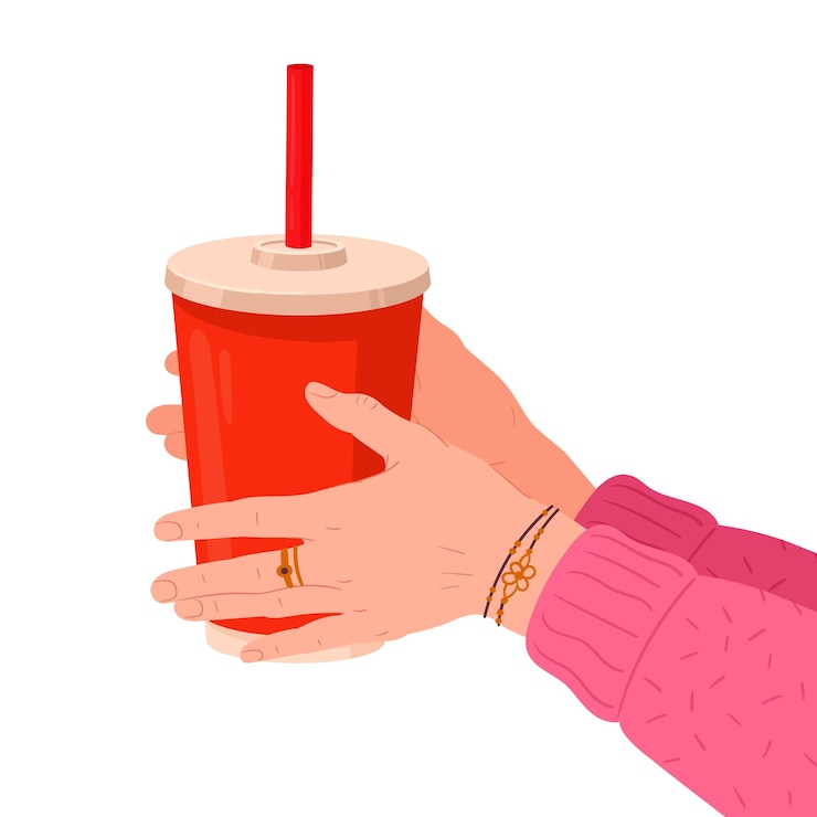 Vector taza de papel de soda en las manos. limonada con limón y hielo o bebidas refrescantes frías de cola. taza roja de agua de manantial en la mano. ilustración vectorial plana