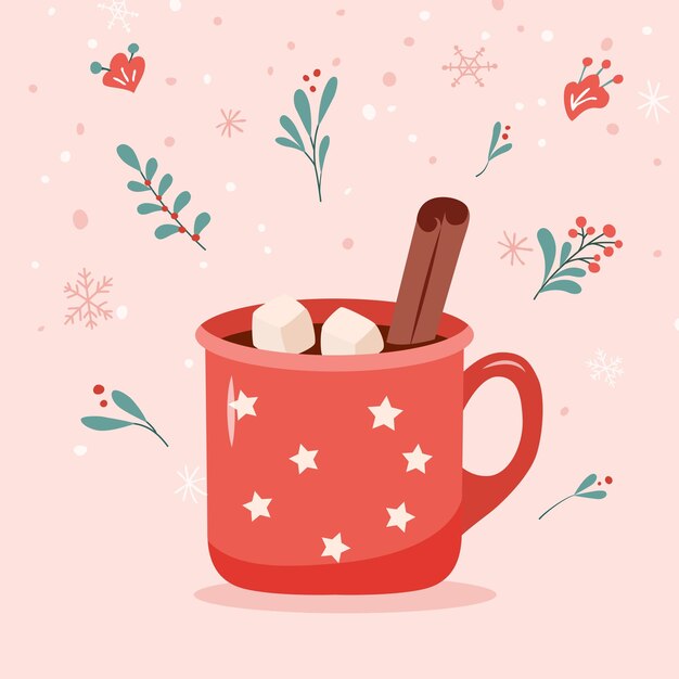 Taza con patrón de estrella llena de malvaviscos de cacao caliente y un palo de canela rodeado de decoraciones