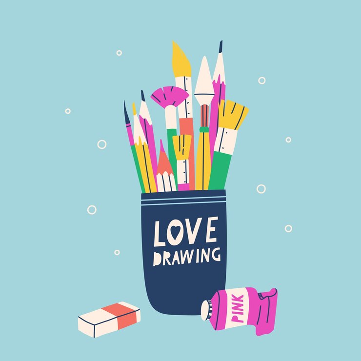 Vector taza con pinceles y lápices dentro de lettering love dibujo ilustración vectorial con materiales artísticos