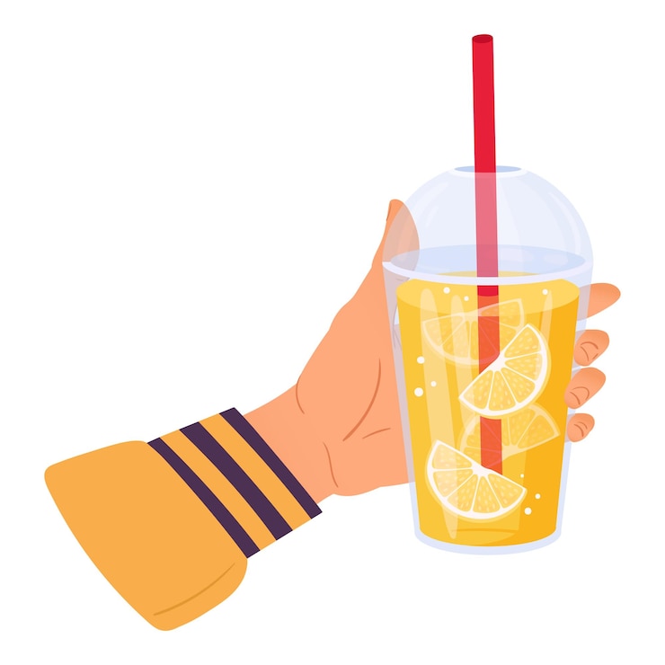 Vector taza de plástico de limonada en la mano bebida gaseosa fría con jugo de limón fresco en la mano sosteniendo una sabrosa bebida refrescante ilustración vectorial plana bebida de limonata de dibujos animados