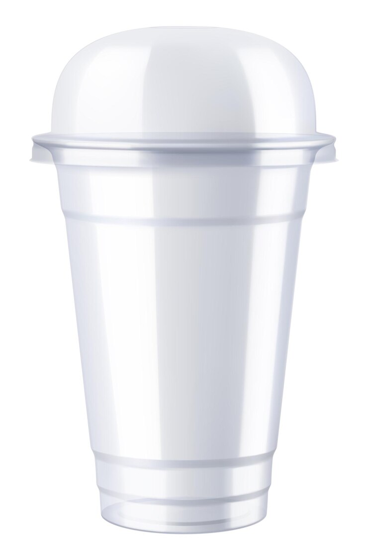 Vector taza de plástico vacía transparente con tapa de cúpula esférica aislada sobre un fondo transparente para batido