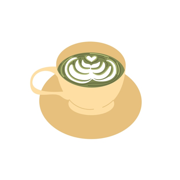 Taza y plato dibujados a mano con té matcha verde Utensilios de cocina de dibujos animados Ilustración vectorial colorida aislada en un fondo blanco