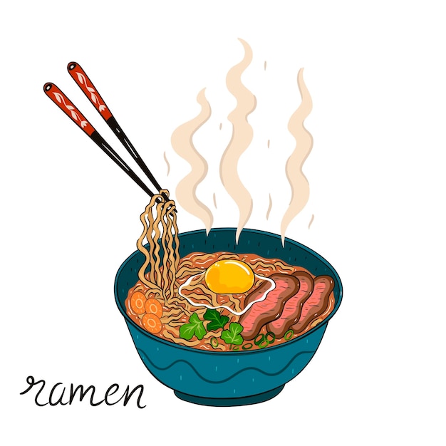 Taza con ramen y palillos aislados sobre fondo blanco