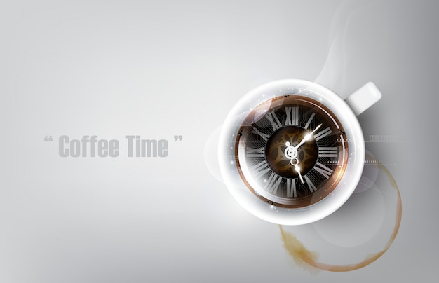 Una taza realista de café negro y mancha de taza de café con el concepto de reloj de café, ilustración