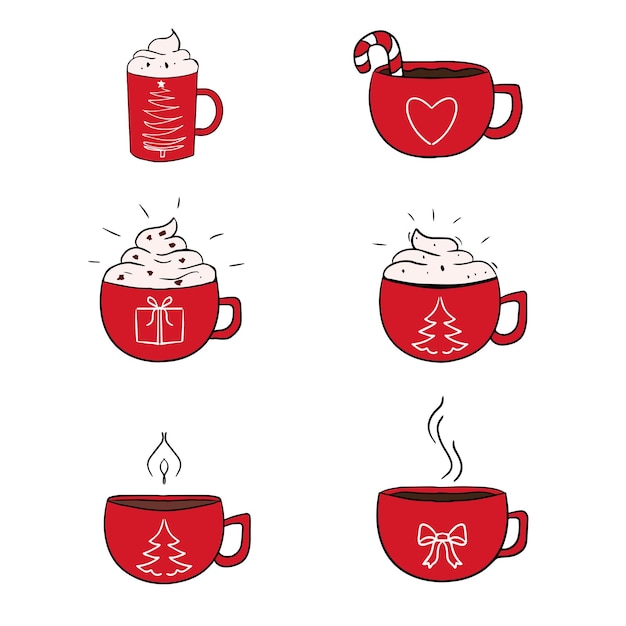 Una taza roja con un árbol de Navidad en ella un conjunto de tazas de Navidad con café, cacao y té