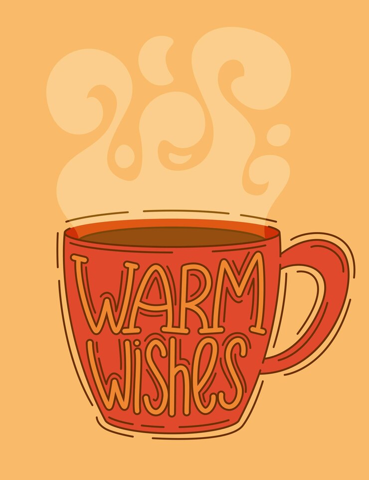 Vector taza roja con una bebida caliente y vapor y la inscripción deseos cálidos