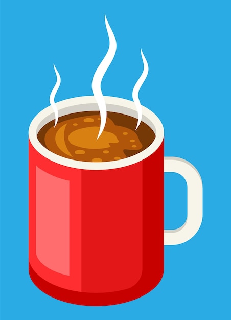 Taza roja de café con vapor bebida de café recién hecho americano en taza aislada en azul concepto de buenos días ilustración de vector plano