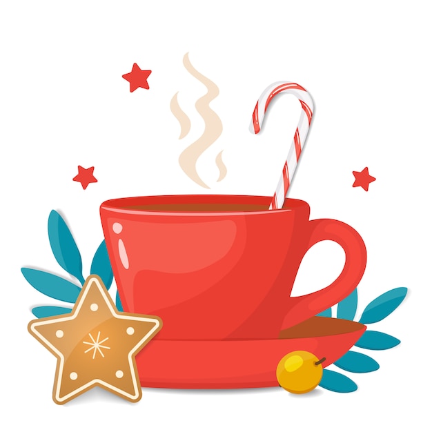 Taza roja con galletas de navidad en forma de estrella, bastón de caramelo duro a rayas y decoración navideña. ilustración vectorial