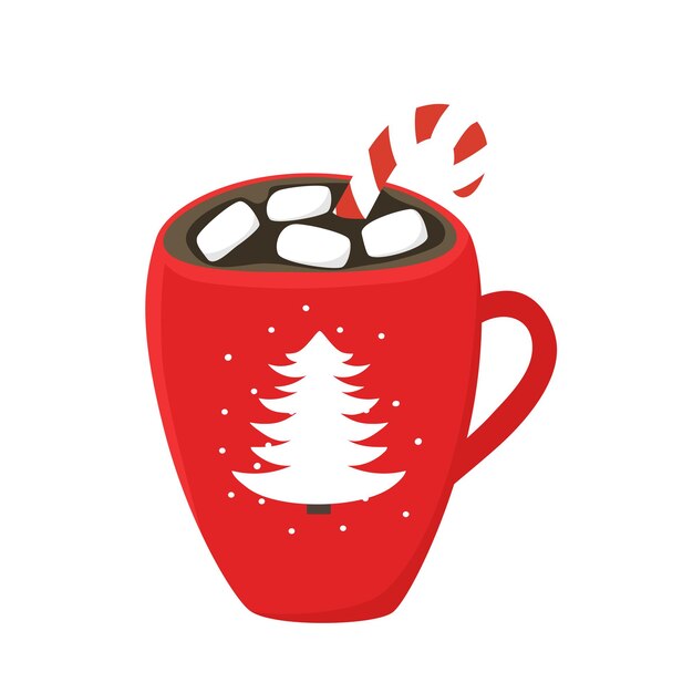 Taza roja de navidad dibujada a mano con chocolate caliente, malvavisco y bastón de caramelo. ilustración de dibujo de doodle de vector aislado sobre fondo blanco.