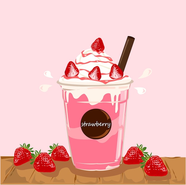 Vector una taza rosa de batido de fresa con fresas en la mesa