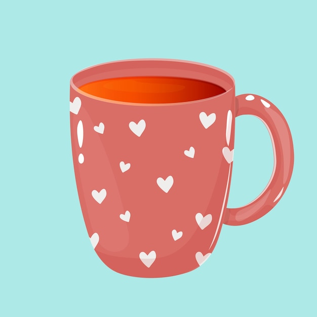 Taza rosa con té aislado sobre fondo azul estilo de dibujos animados