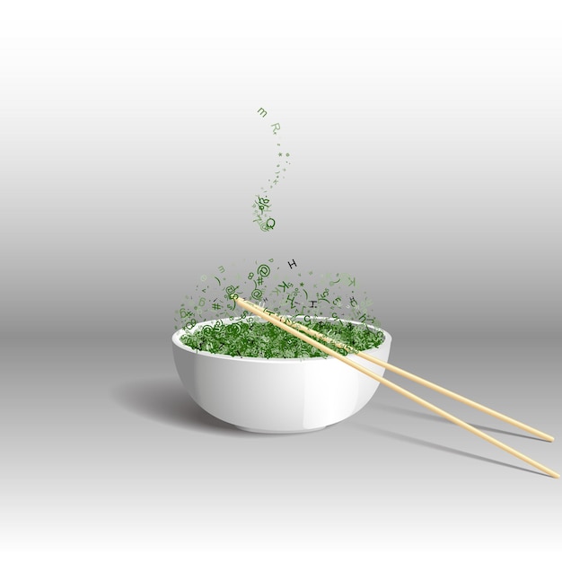 Una taza de sopa de la información en forma de letras y números con palos. ilustración vectorial