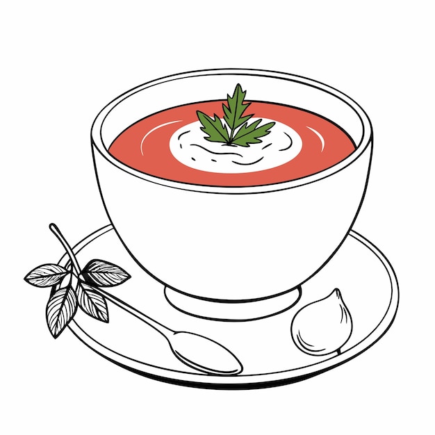 una taza de sopa de tomate con una hoja verde en la parte superior