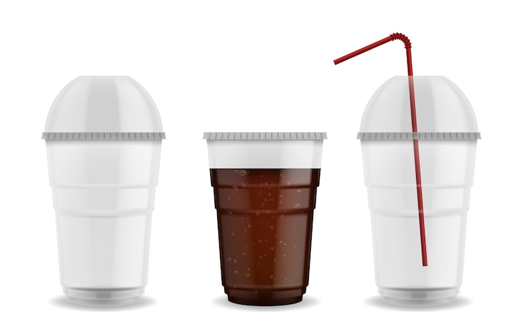 Vector taza con tapa de cúpula de esfera taza de plástico realista con paja 3d vacía o llena de bebidas gaseosas vasos transparentes vajilla desechable para bebidas frías uso para llevar vectorial