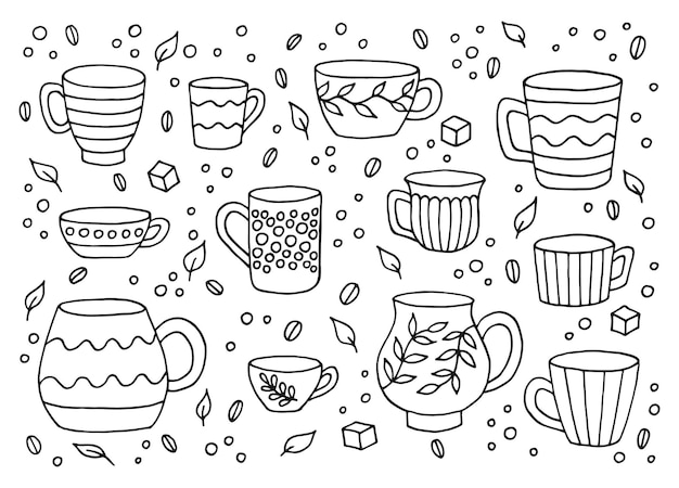 Taza de taza dibujada a mano Juego de tazas en estilo de fideos Ilustración vectorial aislada sobre fondo blanco