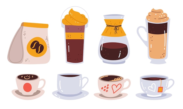 Taza de taza de té bonita café bebida caliente conjunto aislado ilustración de diseño gráfico