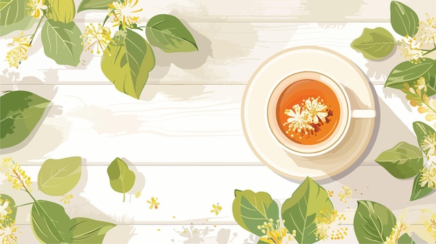Taza de té aromática con flores de tilo sobre un fondo de madera blanca