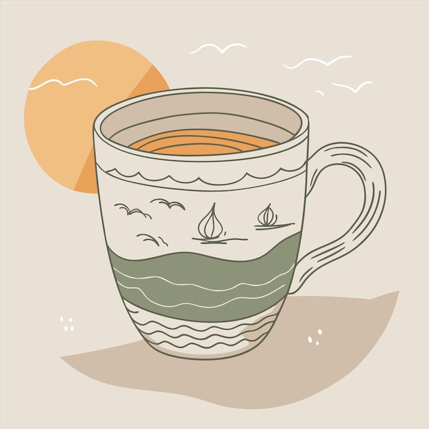 una taza de té con un barco en la parte superior