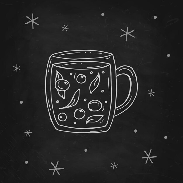 Taza de té de bayas con copos de nieve en una pizarra negra Ilustración vectorial en estilo garabato Estado de ánimo invernal Hola 2023 Feliz Navidad y Feliz Año Nuevo