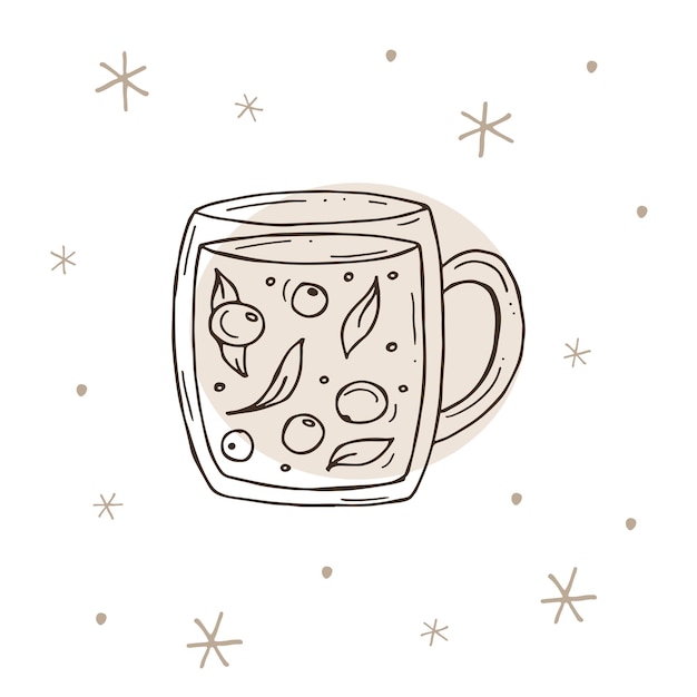 Taza de té de bayas con copos de nieve sobre un fondo blanco y marrón Ilustración vectorial en estilo garabato Estado de ánimo invernal Hola 2023 Feliz Navidad y Feliz Año Nuevo