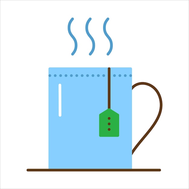Vector taza con té caliente y bolsa de té taza con bebida a base de hierbas icono plano vectorial ilustración aislada sobre fondo blanco