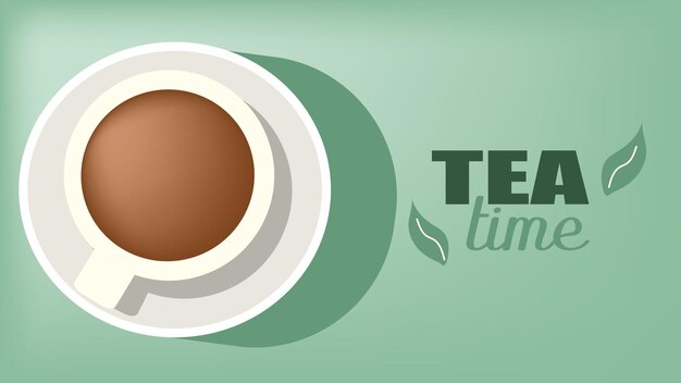 Taza de té caliente en un platillo con la inscripción hora del té en fondo verde