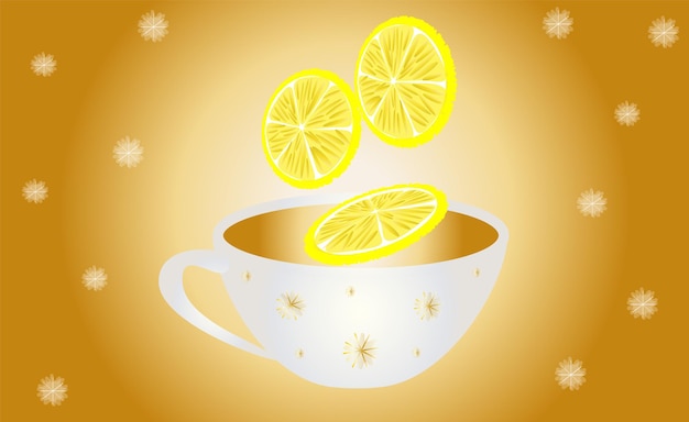 una taza de té de fondo dorado volando rebanadas de copos de nieve de limón vector